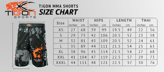 mma shorts size chart